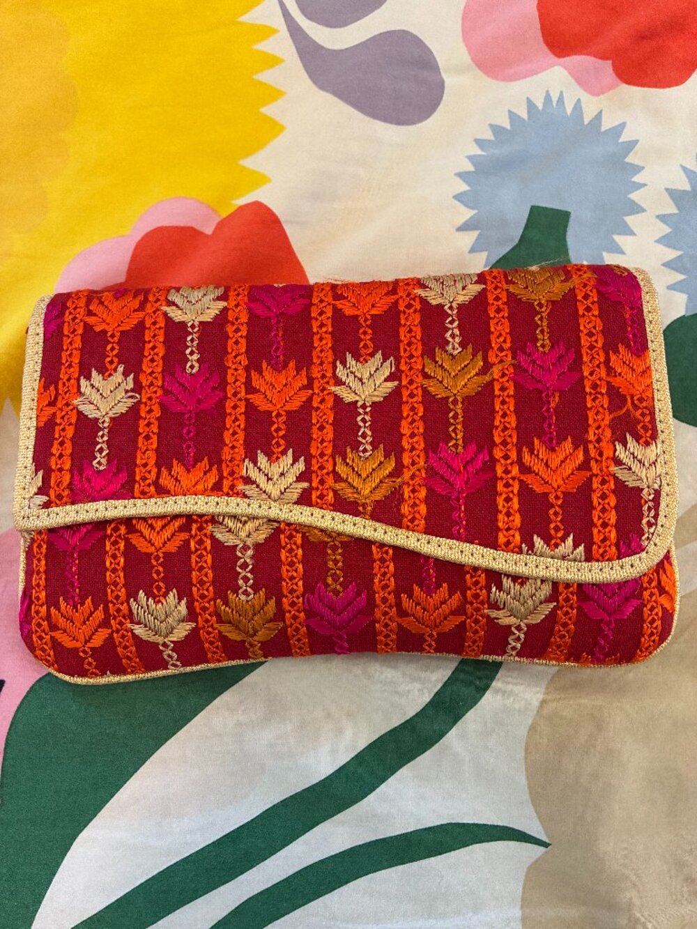 Hand Embroidered Phulkari Bagh Envelope Clutch Bag Red Maroon Gold Wedding Boho
